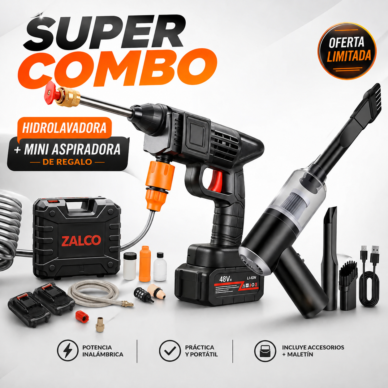 COMBO LIQUIDACIÓN: Hidrolavadora + (Aspiradora Portátil + Doble Batería + Maletín)